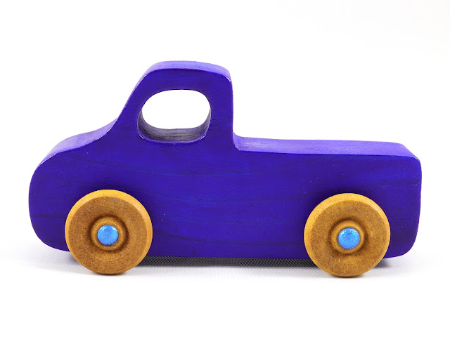 Wood Toy Truck, Handmade and Finished with Bright Transparent Blue With Metallic Blue Acrylic Paint and Amber Shellac