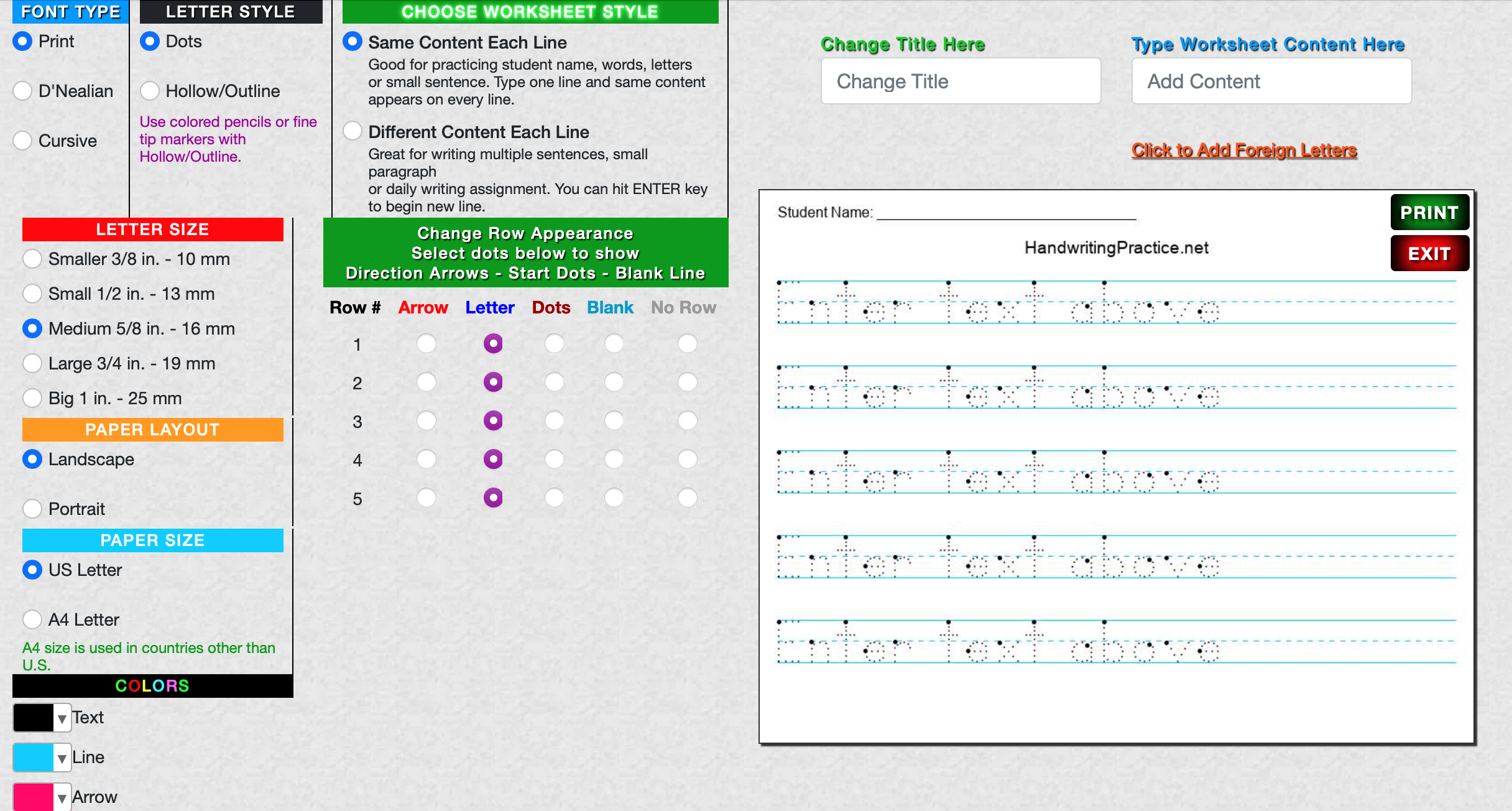 easy customizable options for font, page layout and more on handwriting practice.net