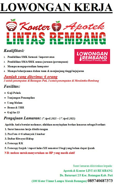 Lowongan Kerja Pegawai Apotek Dan Konter Lintas Rembang