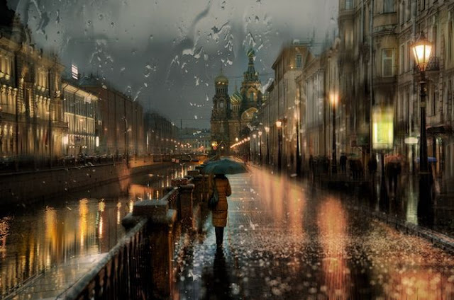 acrylic paintings of rainy cityscapes