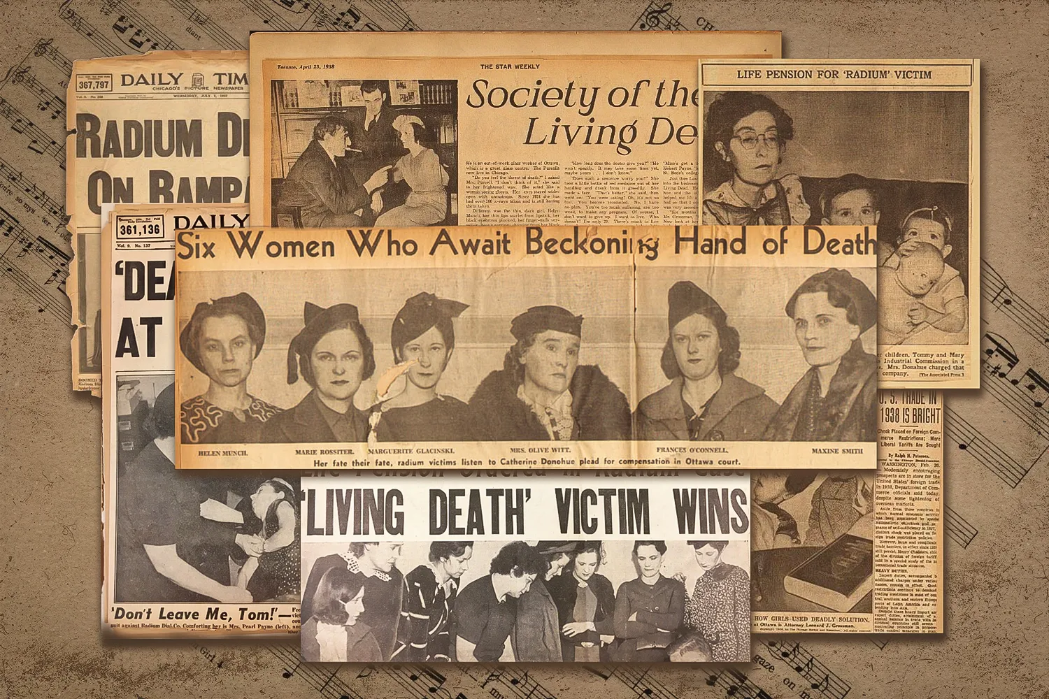 collage from vintage newspaper articles about radium girls