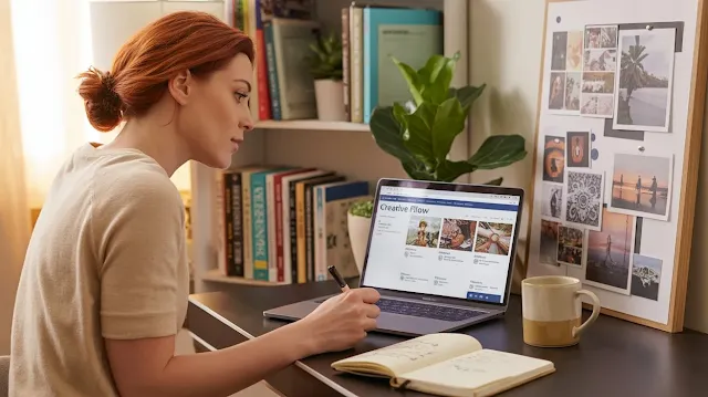 Beginner blogger working on niche blog at home with laptop and blog planner.