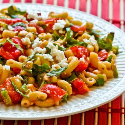 Macaroni Salad with Fresh Tomatoes, Fresh Basil, and Feta