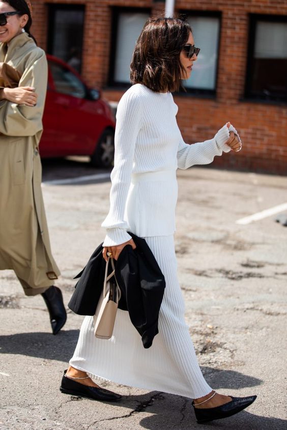 The best ribbed knitwear pieces for fall — Sandra Semburg street style photo — white ribbed top and skirt