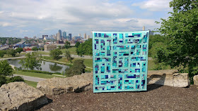 Detour quilt in aqua and navy from Stash Statement quilting book by Kelly Young