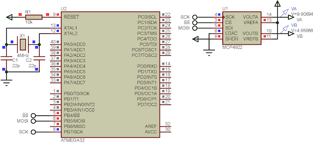 Interfacing ATMega32 SPI to MCP4922 Dual 12-bit Digital To Analog Converter DAC AVR ATMega Serial Peripheral Interface Microchip