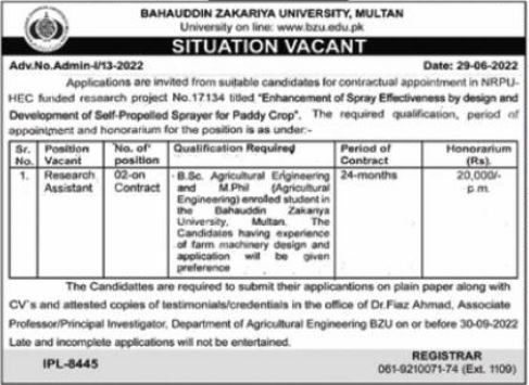 Latest Bahauddin Zakariya University Multan BZU Research Posts Multan 2022