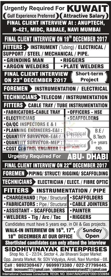 Urgent Job opportunities for Kuwait & Abu Dhabi