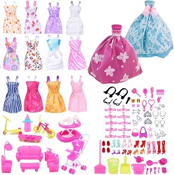 Image: EuTengHao 123 Pcs Doll Clothes and Accessories for Barbie Dolls Contain 13 Party Gown Outfits Dresses for Barbie, two Handmade Doll Wedding Dresses and 108 Pcs Doll Accessories for 11-12 inch Barbie Doll