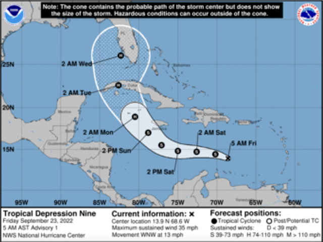 Se forma la Depresión Tropical 9 sobre el mar Caribe Central