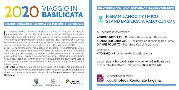 Da oggi all'11 febbraio Basilicata alla BIT di Milano