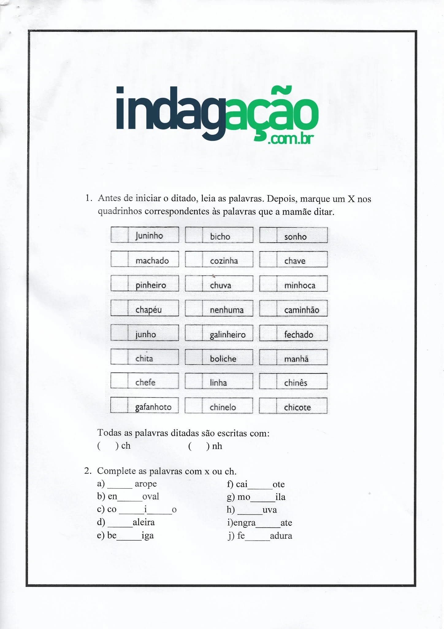 Atividade de Português: Ortografia CH, LH, NH