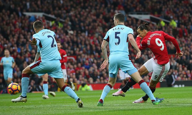 Zlatan Ibrahimovic of Manchester United lets fly against Burnley at Old Trafford.