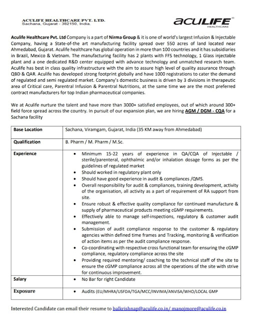 Aculife Healthcare Hiring For AGM / DGM - CQA