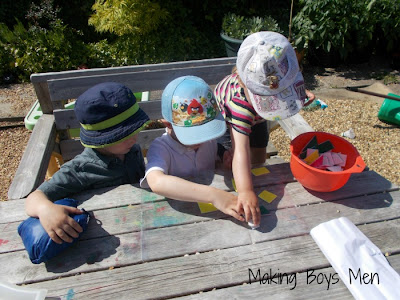 Making patterns with styrofoam art and enjoying the outdoors from Making Boys Men