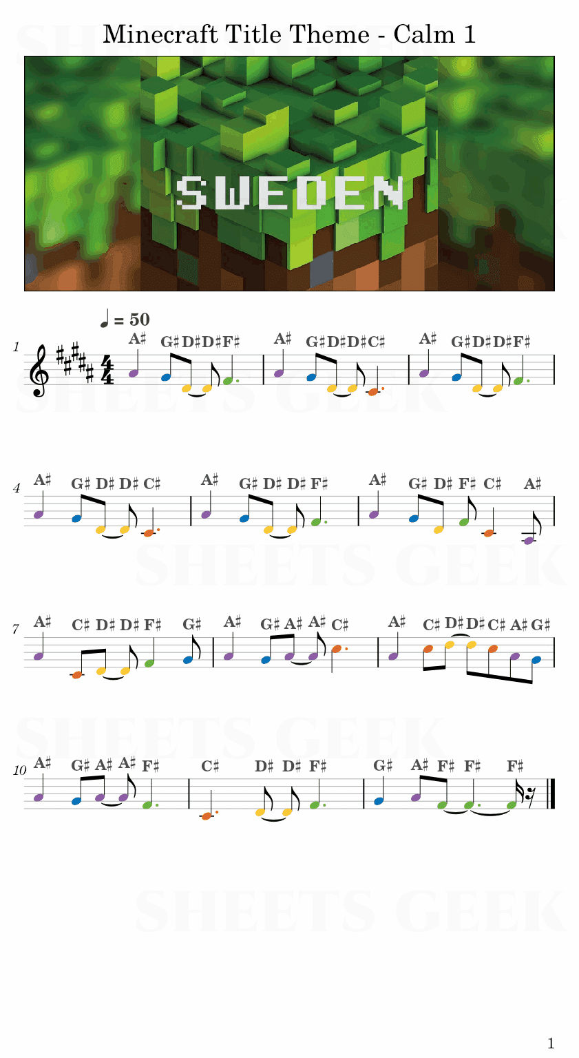 Minecraft Title Theme - Calm 1 Easy Sheet Music Free for piano, keyboard, flute, violin, sax, cello page 1