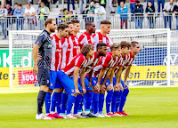 CLUB ATLÉTICO DE MADRID. Temporada 2021-22. Oblak, Vrsaljko, Saúl, Fran González, Kondogbia, Montero. Javi Serrano, Lemar, Giuliano Simeone, Rodrigo Riquelme, Sergio Camello. VFL WOLFSBURG 1 CLUB ATLÉTICO DE MADRID 2. 31/07/2021. Partido amistoso. Wolfsburgo, Alemania, AOK Stadion. GOLES: 1-0: 39’, Weghorst. 1-1: 69’, Borja Garcés. 1-2: 85’, Ricard Sánchez.