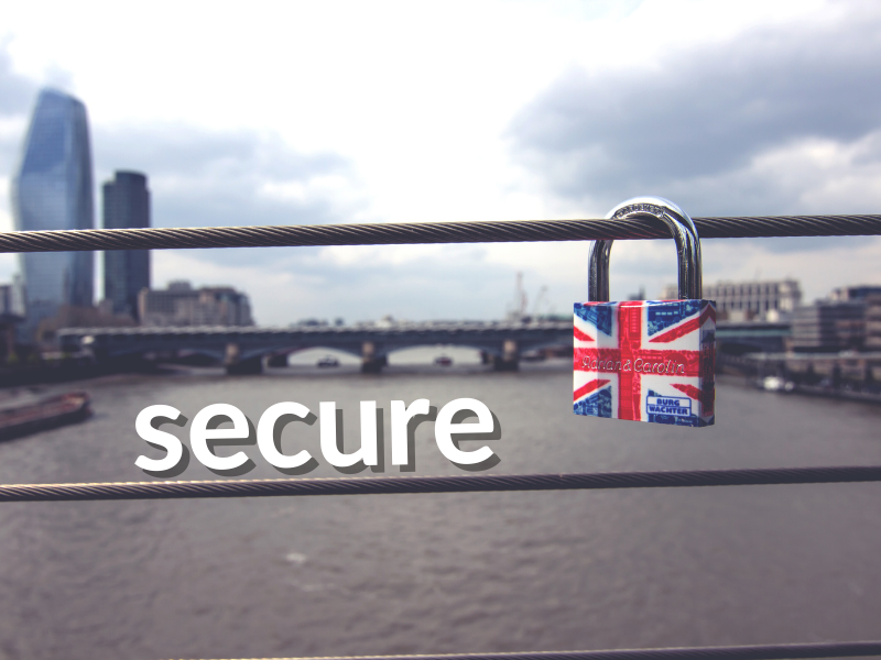 Image of city in a background, with word "secure" and lock