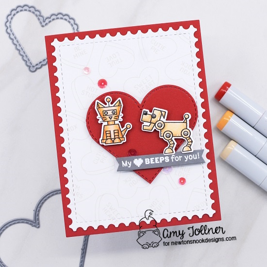 Love Bots Stamp and Die Set, Candy Heart Stamp Set, Heart Frames Die Set, Framework Die Set, A7 Frames and Banners Die Set by Newton's Nook Designs #newtonsnookdesigns #newtonsnook #handmade