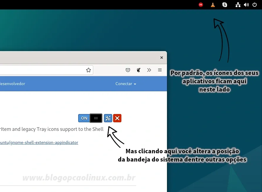 Ícones da bandeja do sistema habilitados no GNOME Shell