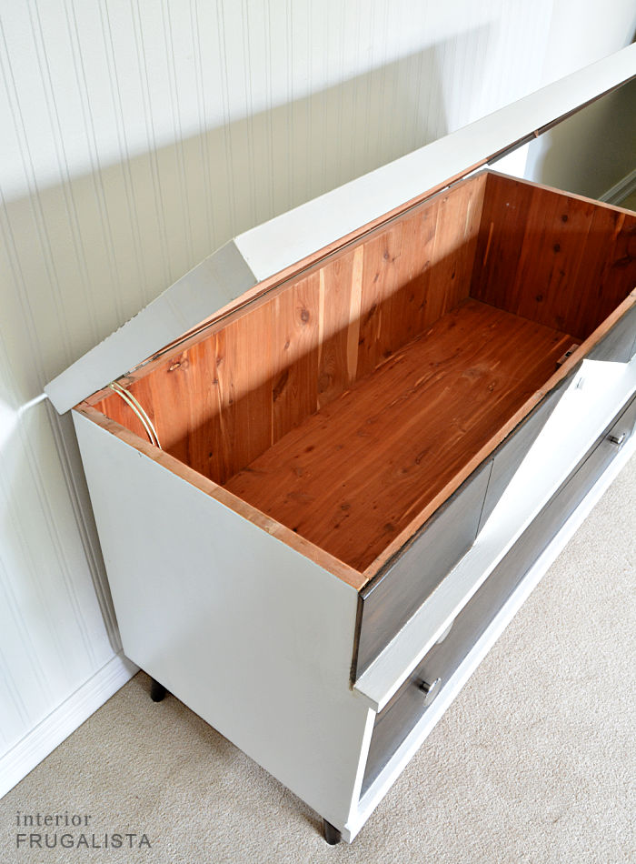 The interior of the mid-century modern cedar chest makeover is in perfect condition and only requires a good clean