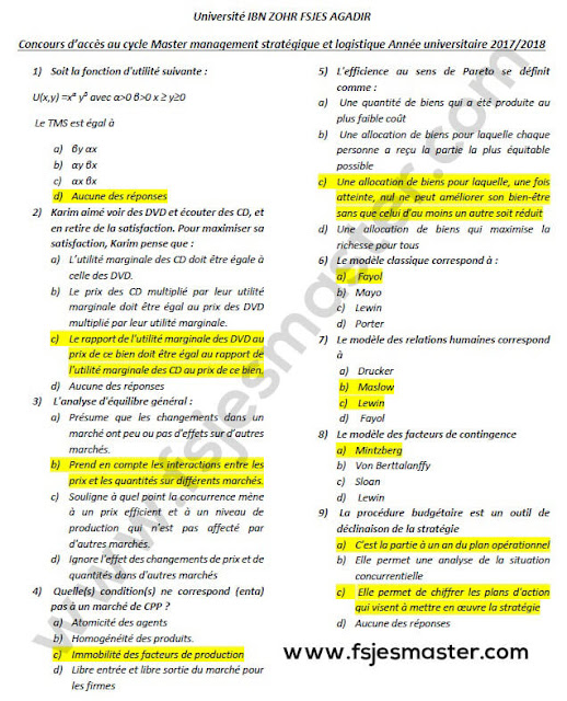 Correction du Concours Master Management Stratégique et Logistique 2017-2018 - Fsjes Ibn Zohr Agadir