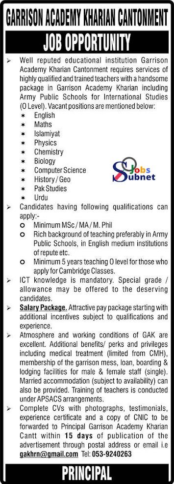 Teachers Jobs 2023 At Garrison Academy Kharian Cantonment