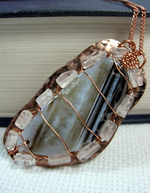 Wire Wrapped Agate and Crystal Pendant Hand Hammered Copper and Agate Necklace