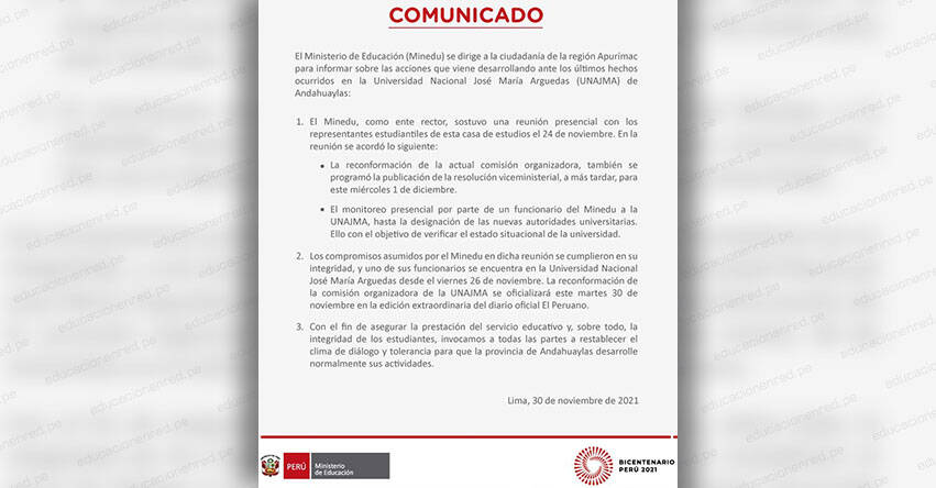 COMUNICADO MINEDU: Acciones que se vienen desarrollando en la Universidad Nacional José María Arguedas (UNAJMA)