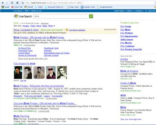 Live Search SERP on search for the word ELVIS