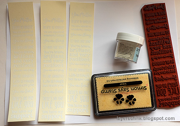 Layers of ink - Bookmarks and Tall Card Tutorial by Anna-Karin Evaldsson. White emboss the background.