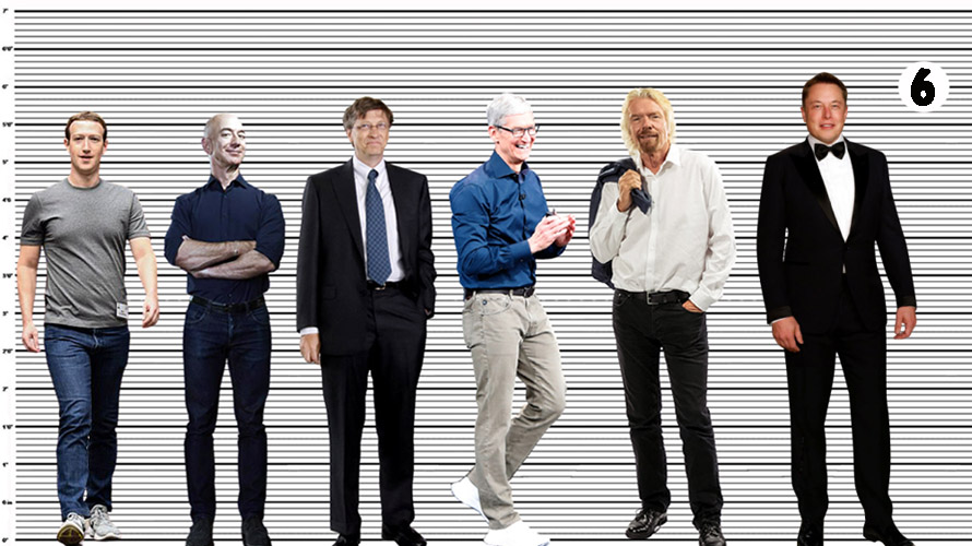 Mark Zuckerberg, Jeff Bezos, Bill Gates, Tim Cook, Richard Branson, and Elon Musk height comparison
