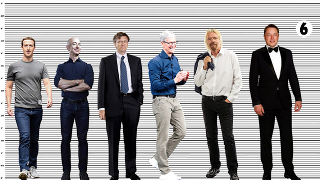 Mark Zuckerberg with Jeff Bezos (almost 5'8"), Bill Gates (almost 5'10"), Tim Cook (5'1"), Sir Richard Branson (5'11") and Elon Musk (6'1.5")