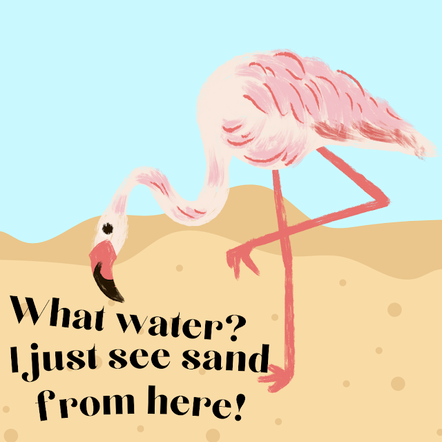 a flamingo with its head in the sand with the quote "what water? I just see sand from here."