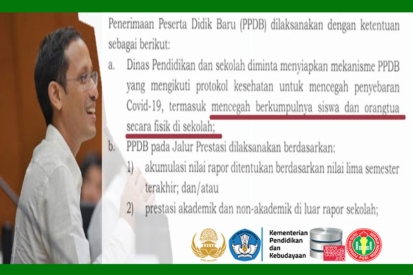 Kebijakan Kemendikbud Mengenai PPDB terkait Covid 19, Dalam Pelaksanaan PPDB Pihak Sekolah harus mencegah berkumpulnya siswa dan orangtua secara fisik di sekolah