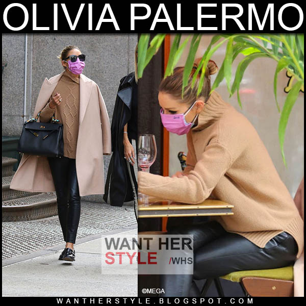 Olivia Palermo in camel coat, sweater and black leather pants on