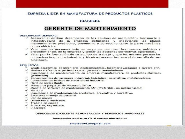 Empresa solicita Gerente de Mantenimiento