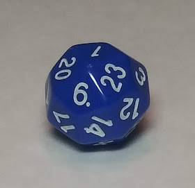 A blue d24, of a rounded shape with each face shaped like a diamond.