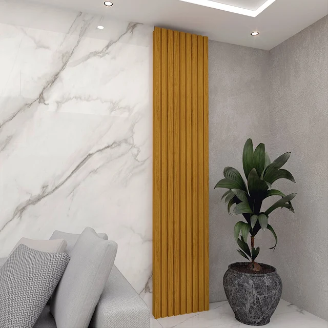 Sala com painel ripado e papel de parede