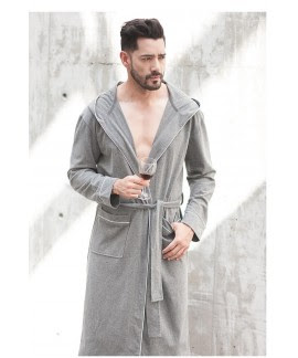 Camisón de algodón para hombres Bata de baño de manga larga gris y cuello en V, y pijamas con capucha.