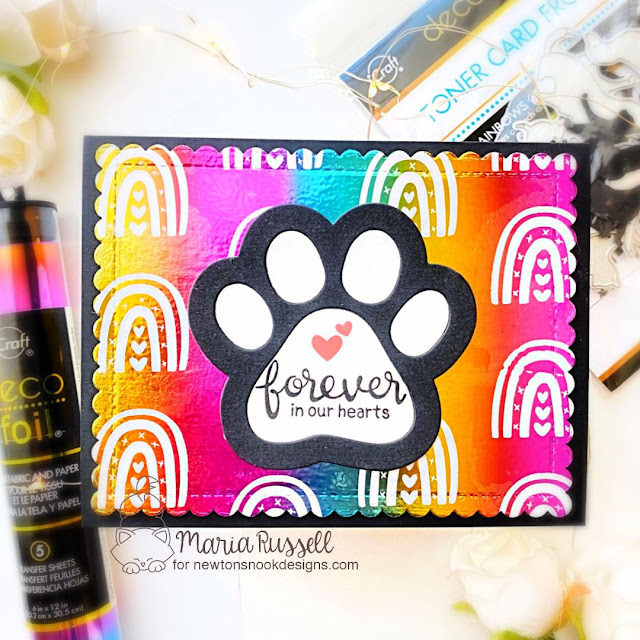 Newton's Nook Designs & Therm O Web Inspiration Week | Foiled Pet Sympathy Card by Maria Russell | Pawprint Shaker Die Set, Frames & Flags Die Set and Furrever Friends Stamp Set by Newton's Nook Design with toner sheets and deco foil by Therm O Web #newtonsnook #handmade