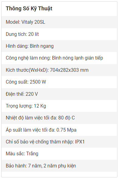 Bình Nóng Lạnh Ariston 20 Lít Vitaly 20SL