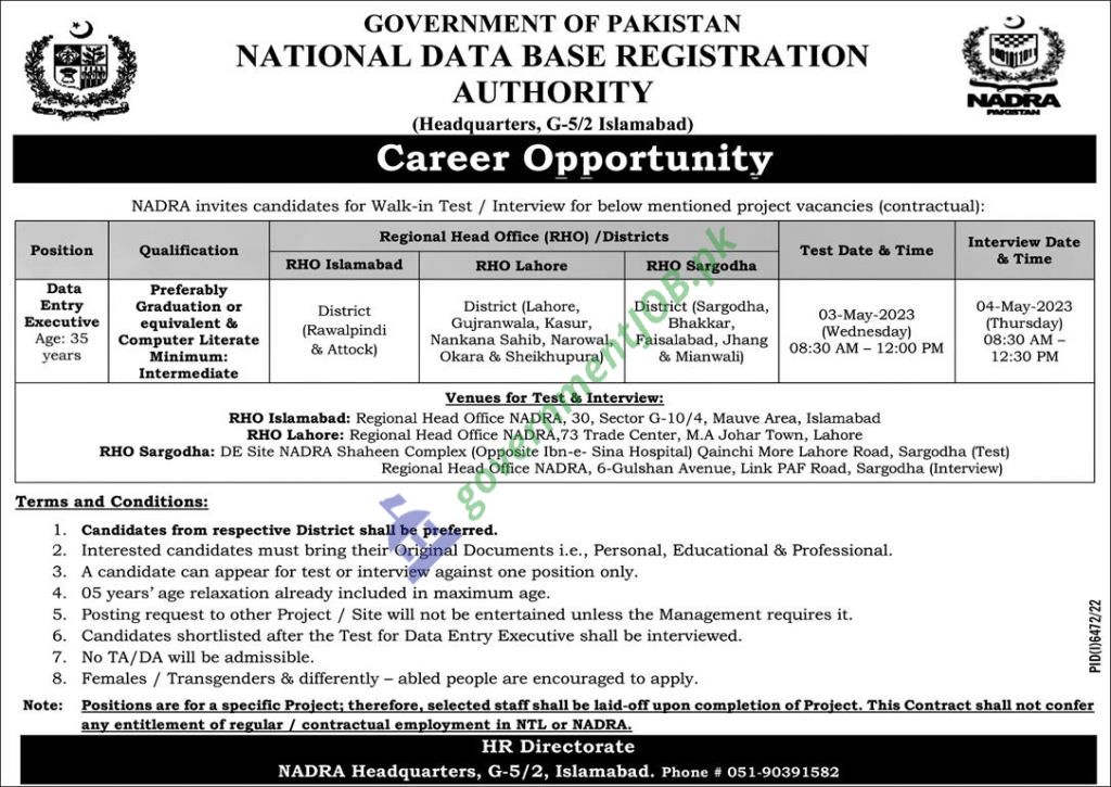 Latest Jobs in NADRA Headquarters