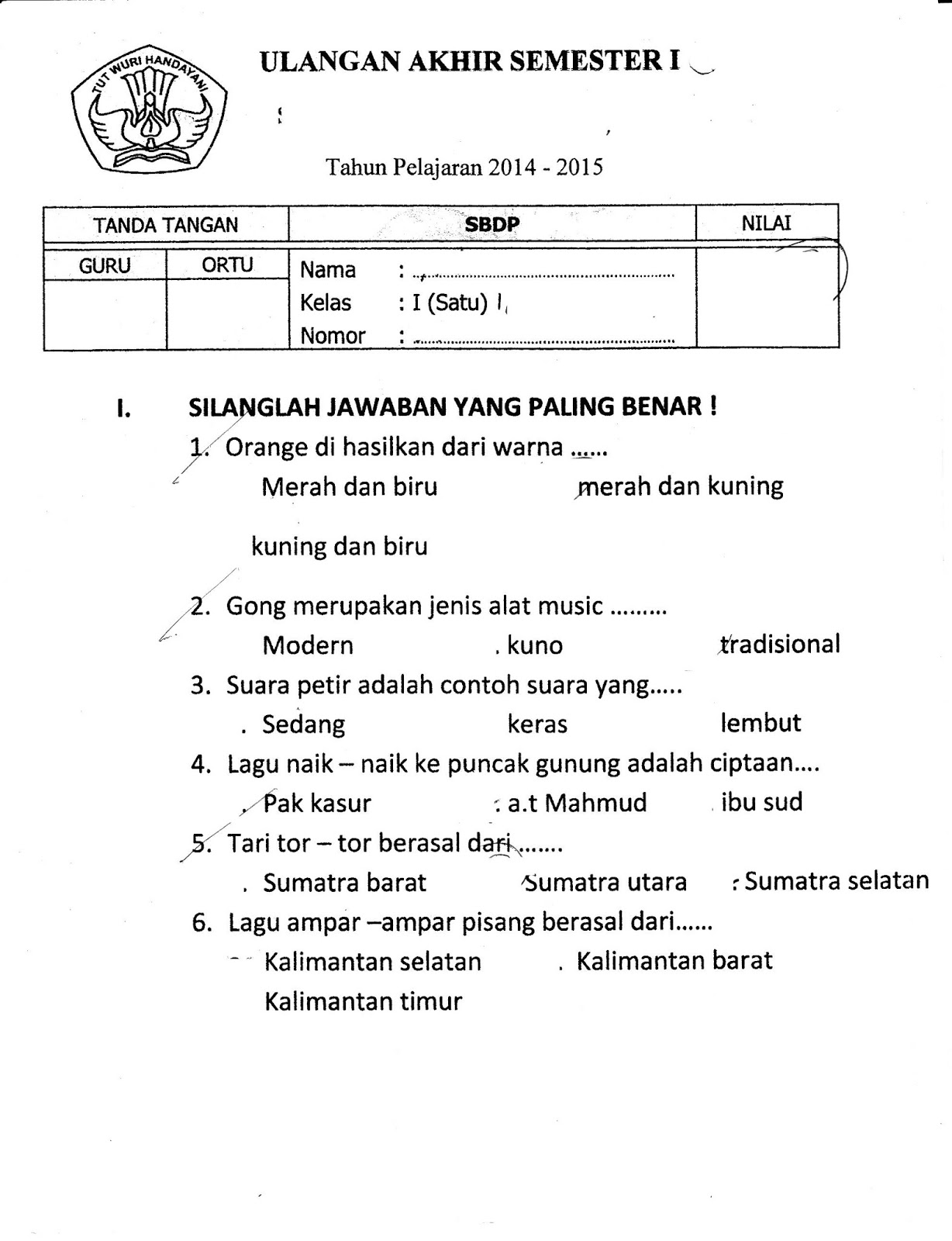 UAS Ujian Akhir Semester SBDP SD Kelas 1 Semester Ganjil TA 2014 2015 Kurikulum 2013