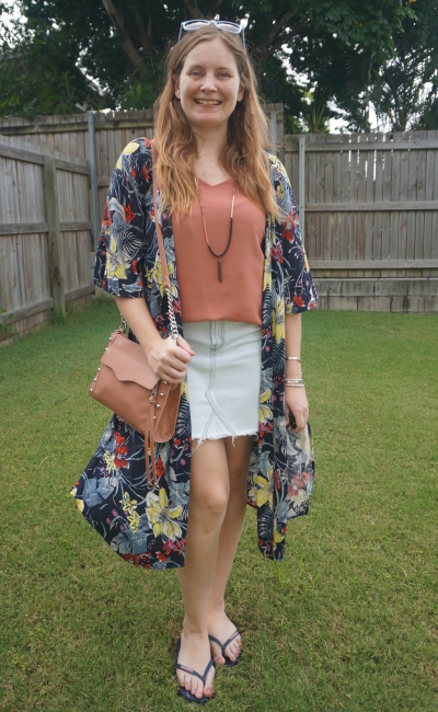 navy floral duster with distressed denim skirt, pink cami and mab crossbody bag | awayfromblue