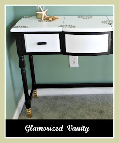 Vintage, Paint and more... an old vanity made glamorous by painting and adding gold dipped feet and stencils