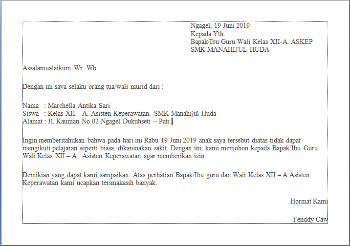 Surat Ijin Tidak Masuk Sekolah