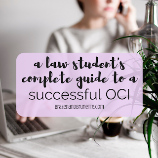 Tips and advice for law school on-campus interviews. 1L OCI help. How to prepare for law school OCI. What happens during law school OCI. What to wear to OCI interviews. How to follow up after a law school OCI interview. How to be impressive at a Big Law OCI interview. How to go into Big Law after law school. 2L OCI advice. How to prepare for an OCI call back. OCI Lunch. OCI for Big Law | brazenandbrunette.com