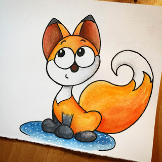 Ink and watercolor drawing of a smiling and sly little fox pup for a lunchbox note