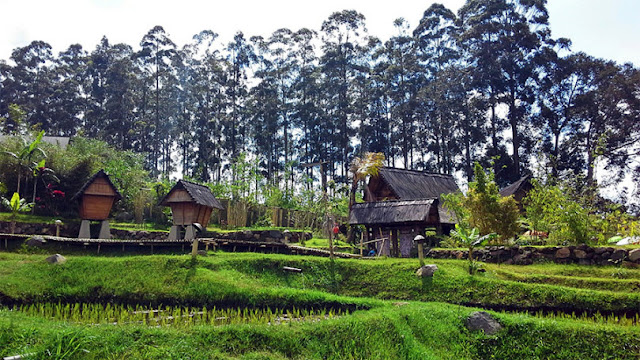 Selain Floating Market dengan keunikan pasar terapungnya, ada satu lagi tempat wisata di Lembang yang menarik Anda kunjungi, yakni Dusun Bambu Lembang dengan keunikan nuansa eksotis pedesaan yang sungguh natural. Dusun Bambu Lembang terletak tepat di kaki Gunung Burangrang Lembang. Kawasan wisata ini memiliki sejumlah fasilitas wisata alam yang sangat baik dan menarik, di antaranya adalah villa, restoran, serta Pasar Khatulistiwa. Aneka aktivitas menyenangkan dapat Anda lakukan di sini, misalnya bersepeda santai sembari menikmati sejuknya udara dari lereng pegunungan Lembang. Tak hanya bersepeda, Anda juga dapat berkemah bersama teman dan keluarga, serta melakukan berbagai kegiatan outdoor menarik lainnya. Untuk dapat masuk, Anda harus membayar harga tiket masuk Dusun Bambu Lembang sebesar Rp 15 ribu per orang, ini belum termasuk biaya retribusi (parkir). Restoran & Cafe di Dusun Bambu Lembang Meskipun pengelolaan Dusun Bambu Lembang mengadopsi tema back to nature dengan menonjolkan ragam keindahan alam yang natural, tetapi fasilitas wisata yang modern seperti villa, restoran, dan cafe tersedia dengan baik. Restoran di sana menyajikan Anda dengan sajian makanan khas Lembang, juga makanan-makanan tradisional dari luar daerah. Selain itu, tersedia pula menu-menu makanan khas luar negeri, seperti pizza, spaghetti, steak, hot dog, dan lainnya. Adapun restoran dan cafe yang terdapat di kawasan wisata Dusun Bambu Lembang tersebut, di antaranya adalah Burangrang Restaurant & Cafe, Purbasari Restaurant, dan Rumah Makan Lutung Kasarung.  Ada satu keunikan jika Anda singgah ke Rumah Makan Lutung Kasarung, yakni desain café yang sangat unik dengan konsep seperti bergelantungan di pepohonan. Lain halnya dengan Purbasari Restaurant, di sini Anda dapat menikmati sajian tradisional khas Sunda dengan konsep lesehan yang dilengkapi beberapa gazebo dari bambu di tepian danau. Sementara di Burangrang Restaurant & Cafe, tersedia hidangan makanan dari berbagai daerah di Indonesia. Selain keberadaan restoran dan cafe di kawasan wisata Dusun Bambu Lembang, ada pula sebuah pasar yang bernama Pasar Khatulistiwa. Di pasar ini Anda bisa membeli aneka sayuran, buah-buahan segar, hingga souvenir dan cinderamata khas Sunda.